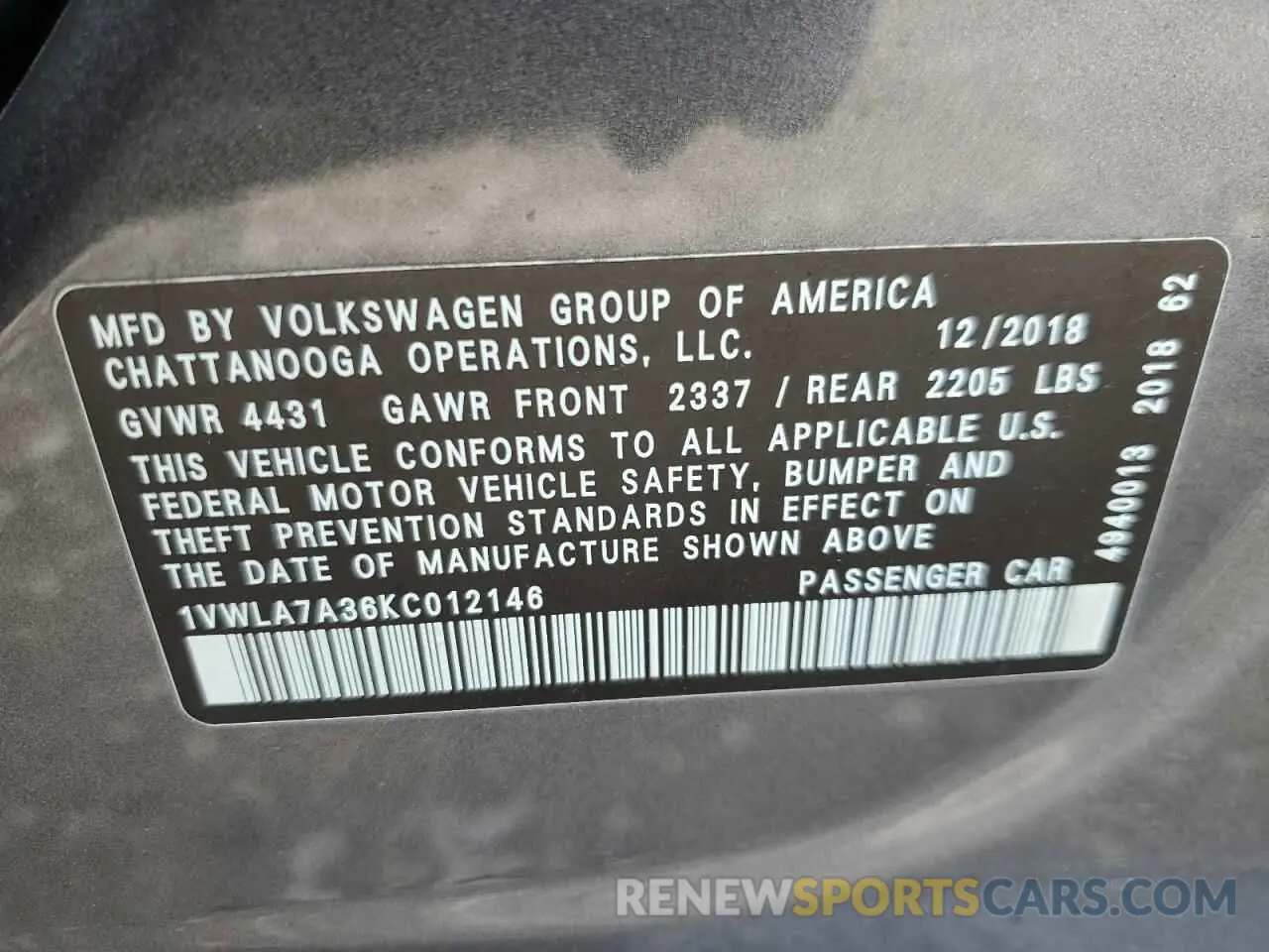 12 Photograph of a damaged car 1VWLA7A36KC012146 VOLKSWAGEN PASSAT 2019