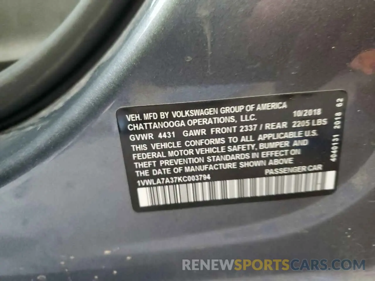 14 Фотография поврежденного автомобиля 1VWLA7A37KC003794 VOLKSWAGEN PASSAT 2019