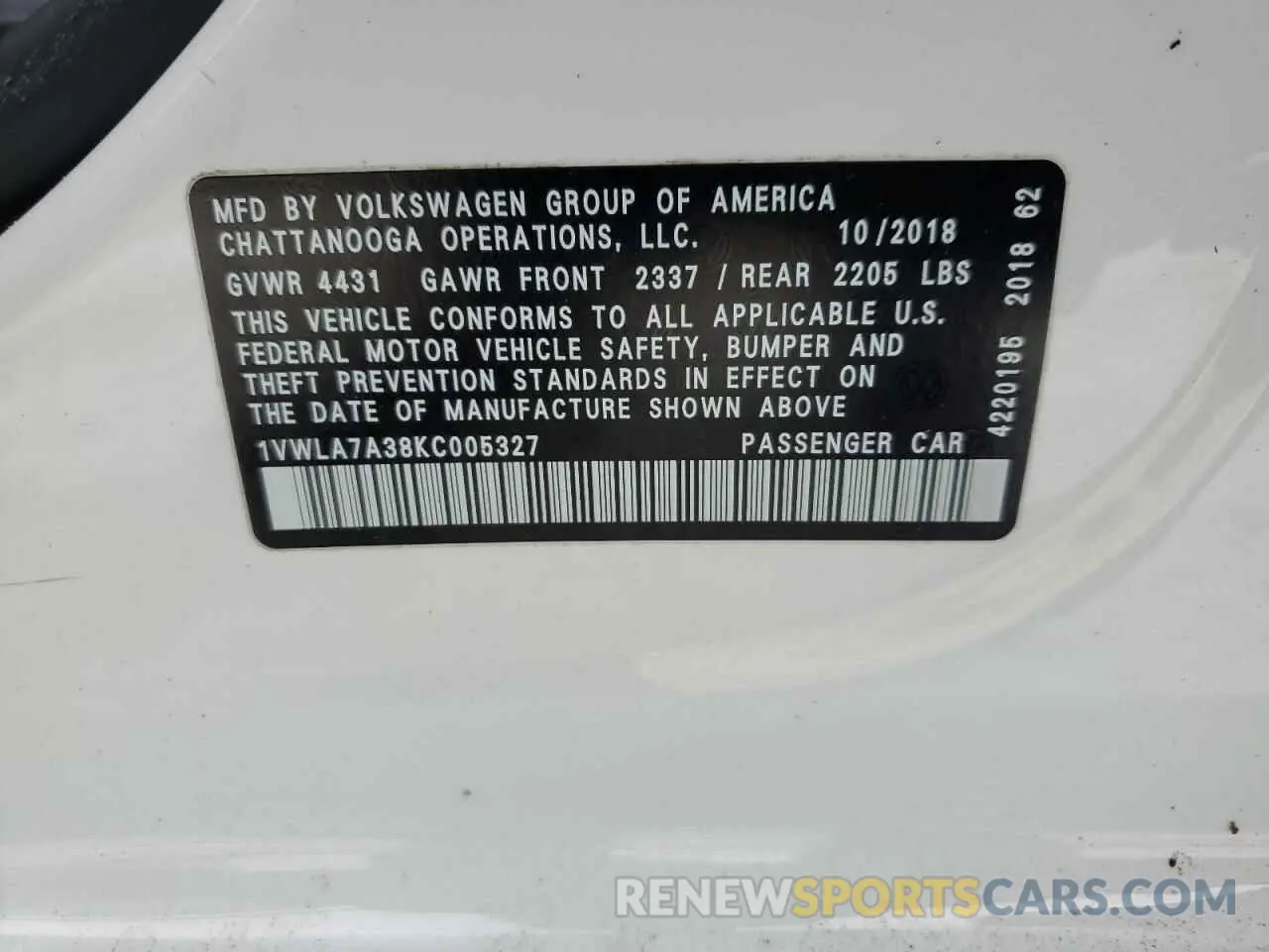 14 Photograph of a damaged car 1VWLA7A38KC005327 VOLKSWAGEN PASSAT 2019