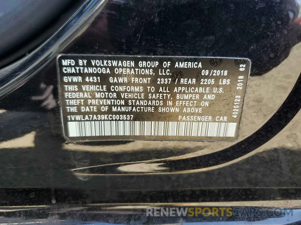 13 Фотография поврежденного автомобиля 1VWLA7A39KC003537 VOLKSWAGEN PASSAT 2019