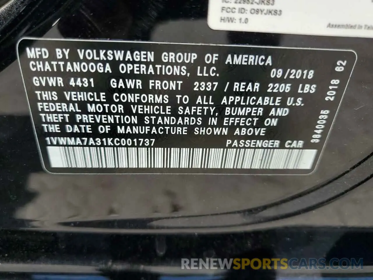 12 Photograph of a damaged car 1VWMA7A31KC001737 VOLKSWAGEN PASSAT 2019