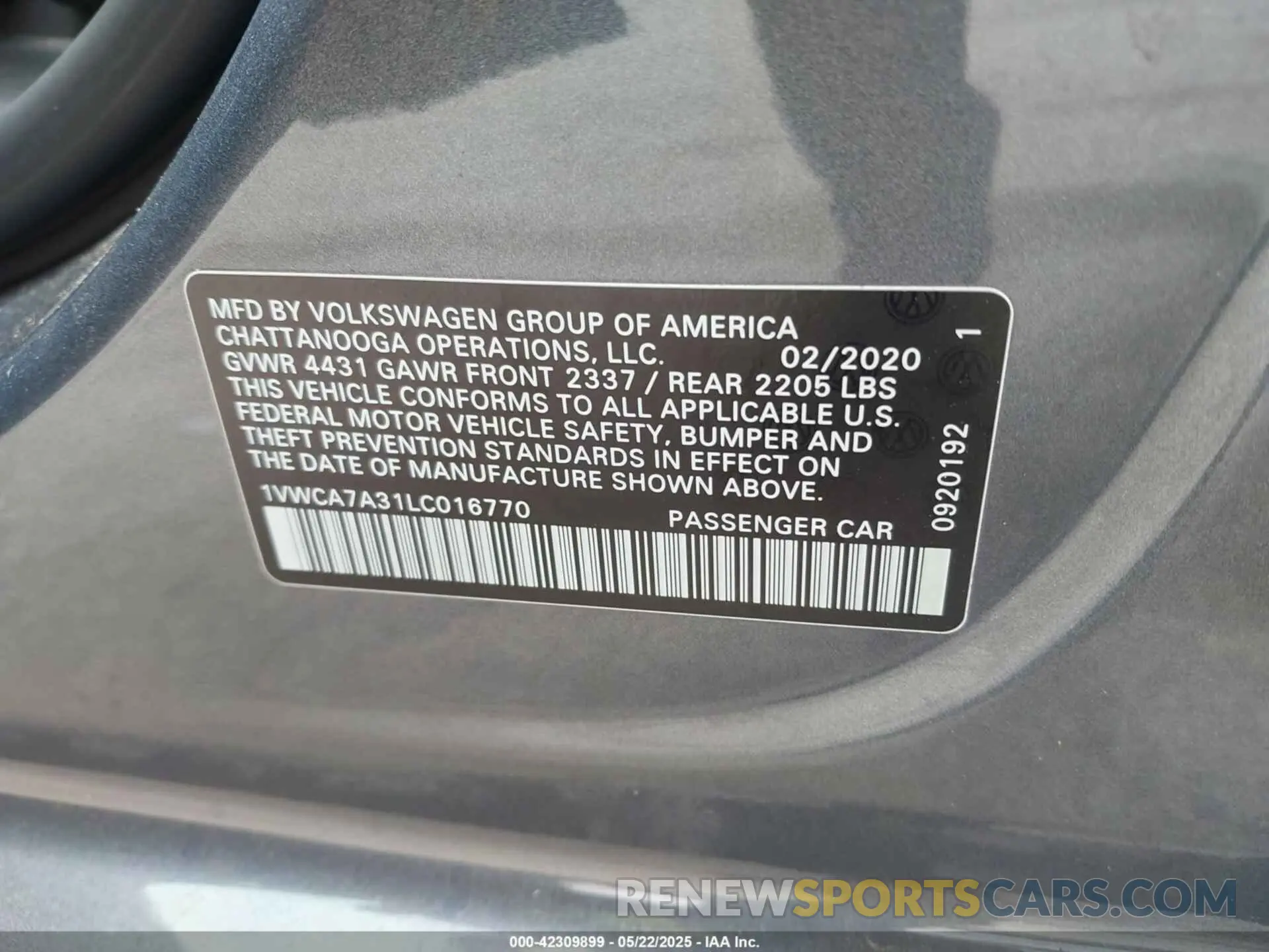 9 Фотография поврежденного автомобиля 1VWCA7A31LC016770 VOLKSWAGEN PASSAT 2020