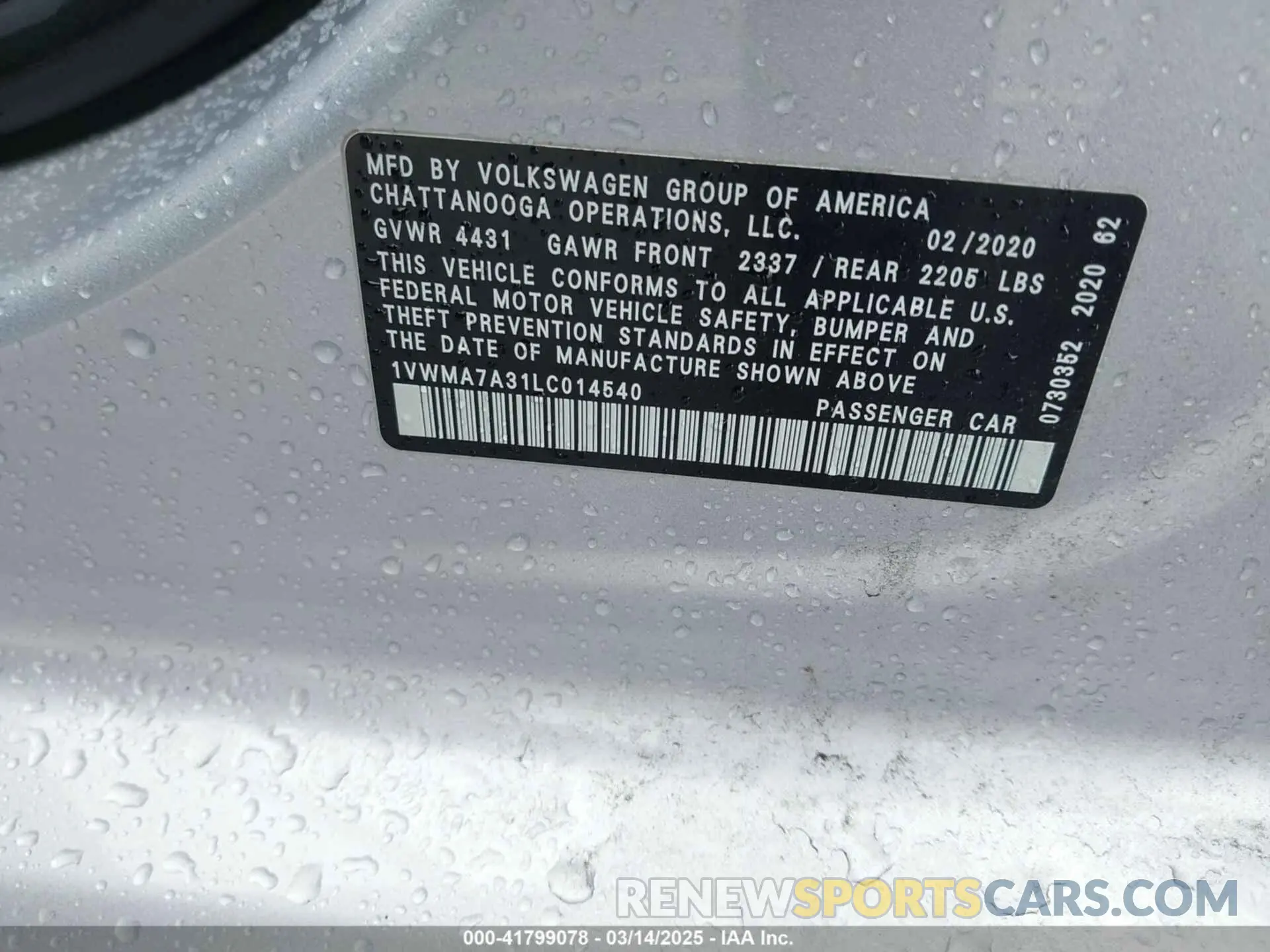 9 Фотография поврежденного автомобиля 1VWMA7A31LC014540 VOLKSWAGEN PASSAT 2020