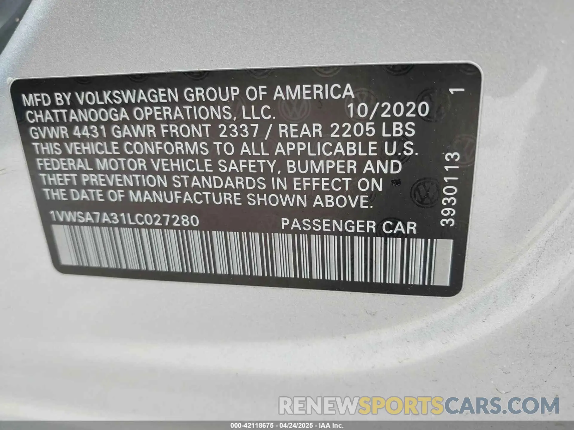 9 Фотография поврежденного автомобиля 1VWSA7A31LC027280 VOLKSWAGEN PASSAT 2020