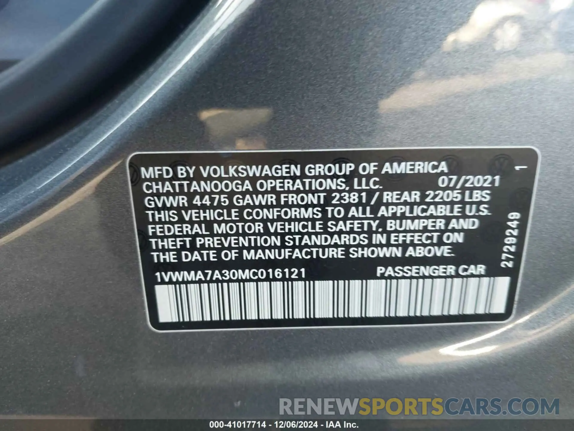 9 Фотография поврежденного автомобиля 1VWMA7A30MC016121 VOLKSWAGEN PASSAT 2021