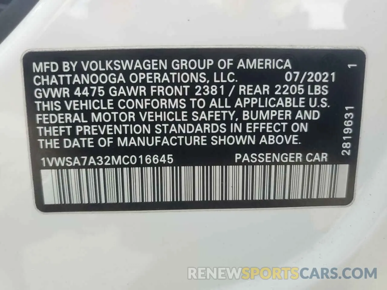 12 Фотография поврежденного автомобиля 1VWSA7A32MC016645 VOLKSWAGEN PASSAT 2021