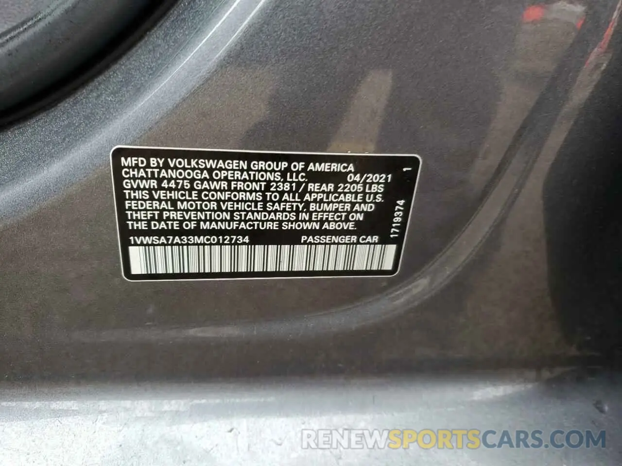 12 Photograph of a damaged car 1VWSA7A33MC012734 VOLKSWAGEN PASSAT 2021