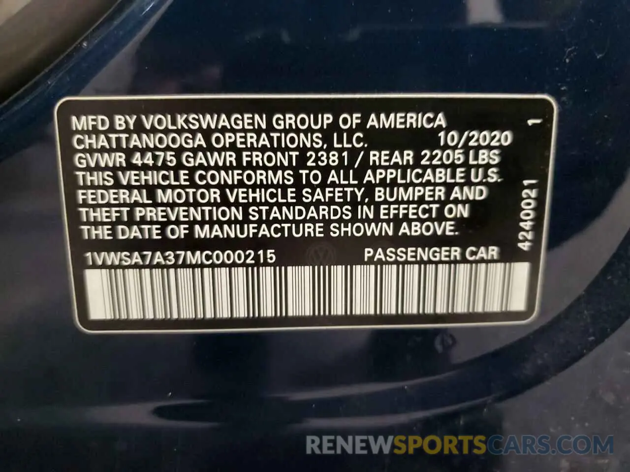 12 Фотография поврежденного автомобиля 1VWSA7A37MC000215 VOLKSWAGEN PASSAT 2021