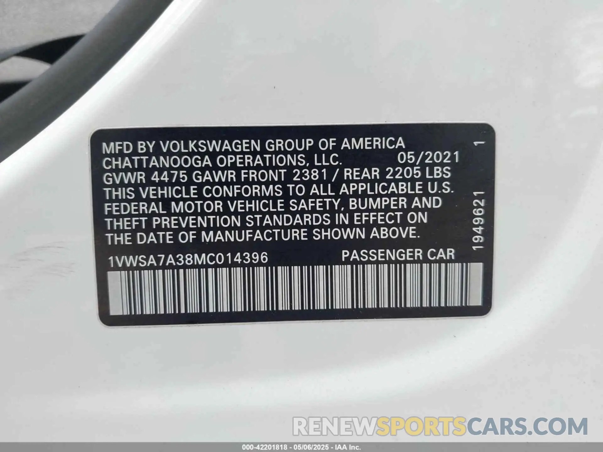 9 Фотография поврежденного автомобиля 1VWSA7A38MC014396 VOLKSWAGEN PASSAT 2021