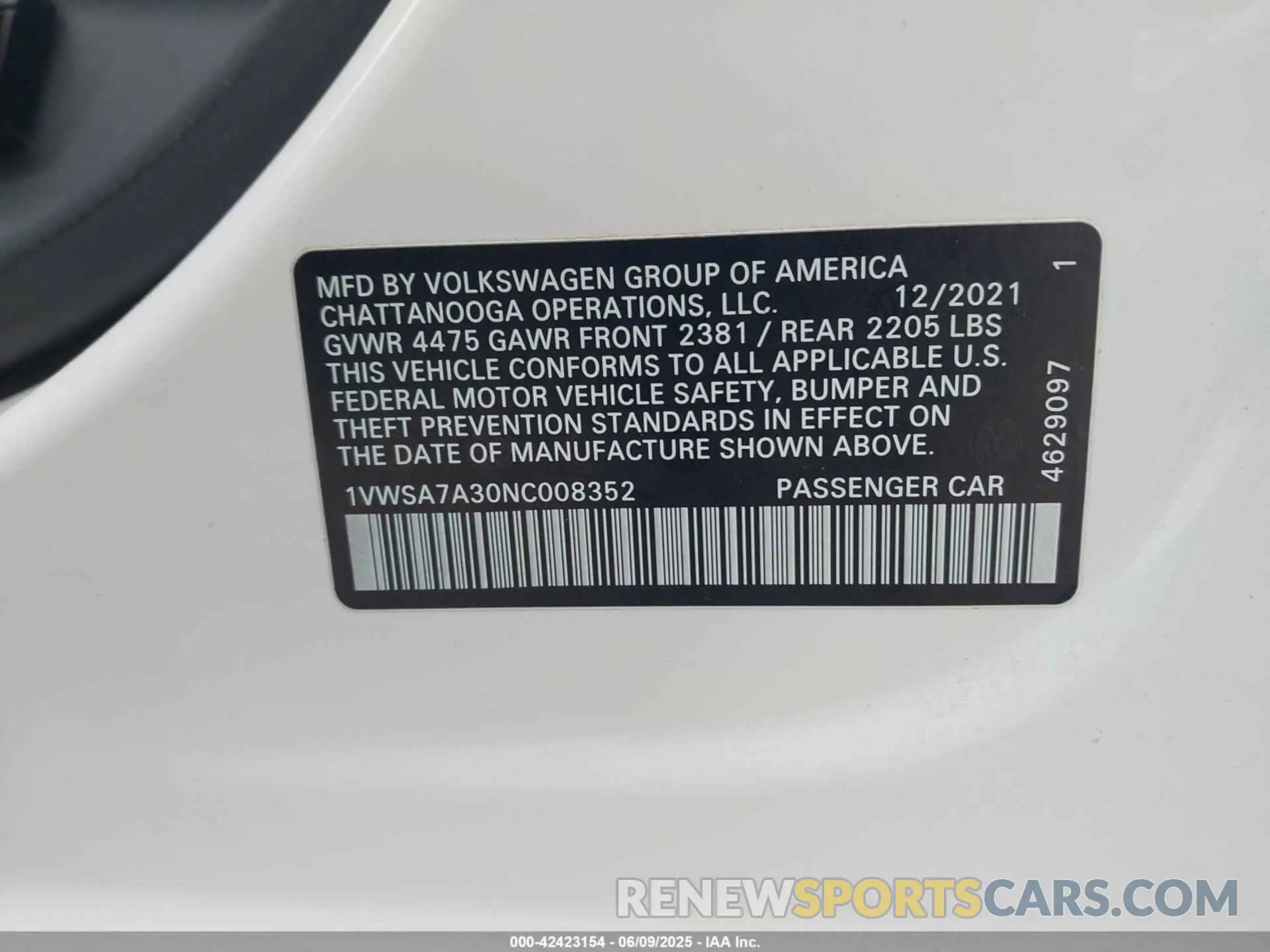 9 Фотография поврежденного автомобиля 1VWSA7A30NC008352 VOLKSWAGEN PASSAT 2022