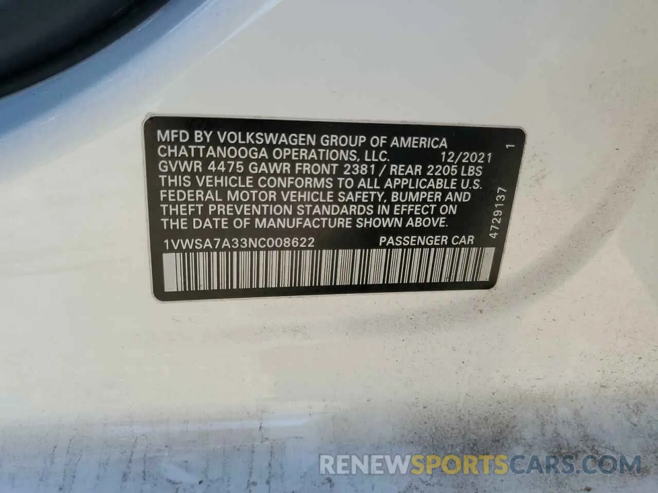 13 Фотография поврежденного автомобиля 1VWSA7A33NC008622 VOLKSWAGEN PASSAT 2022