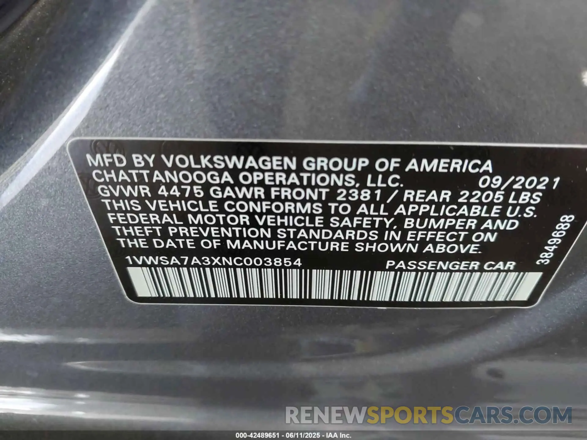 9 Фотография поврежденного автомобиля 1VWSA7A3XNC003854 VOLKSWAGEN PASSAT 2022