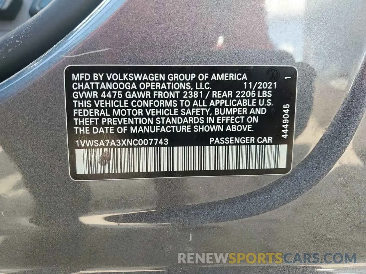 12 Photograph of a damaged car 1VWSA7A3XNC007743 VOLKSWAGEN PASSAT 2022