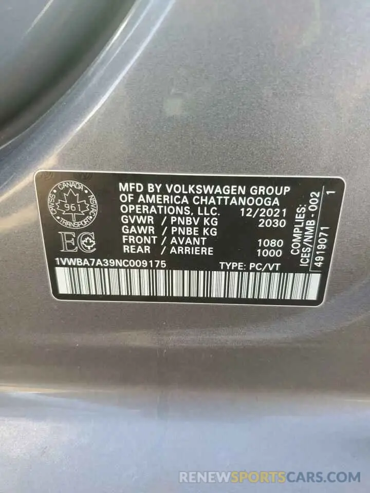 12 Photograph of a damaged car 1VWBA7A39NC009175 VOLKSWAGEN PASSAT LIM 2022
