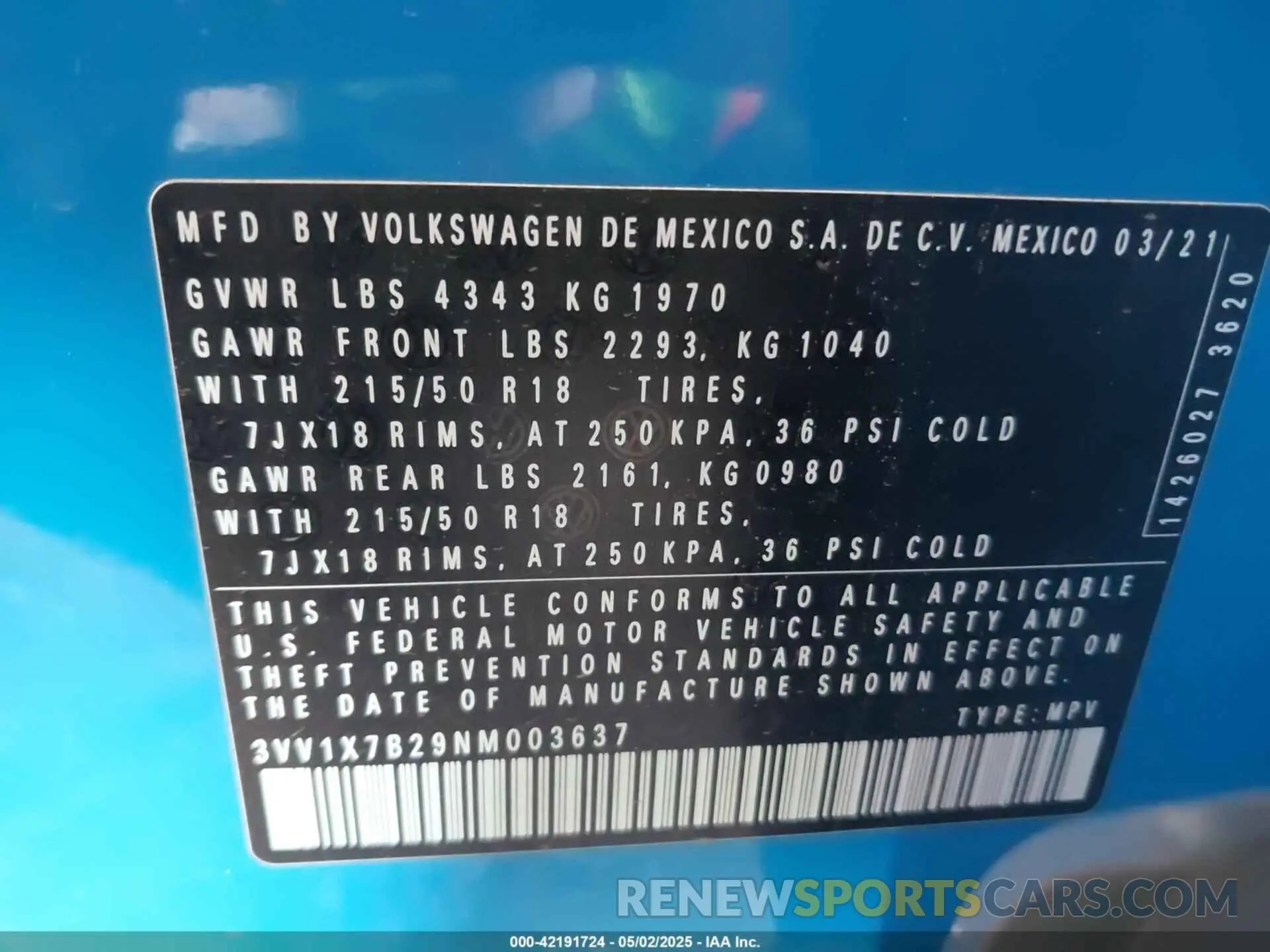 9 Photograph of a damaged car 3VV1X7B29NM003637 VOLKSWAGEN TAOS 2022