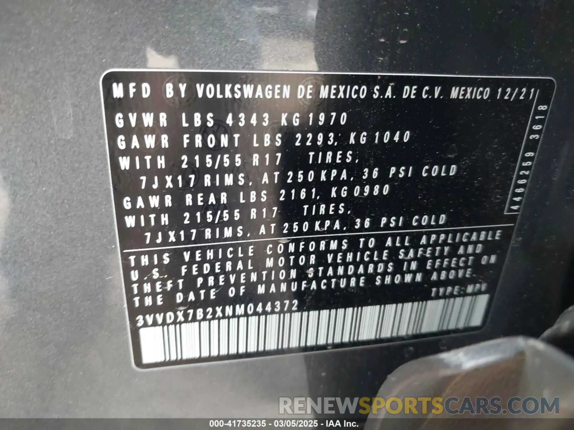 9 Фотография поврежденного автомобиля 3VVDX7B2XNM044372 VOLKSWAGEN TAOS 2022