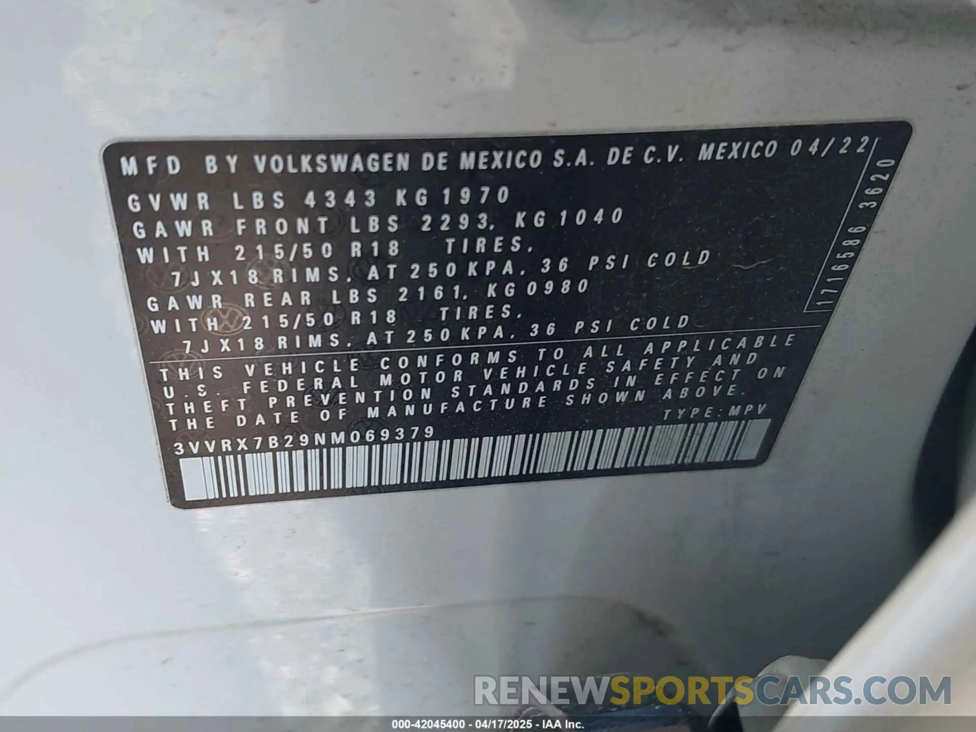 9 Фотография поврежденного автомобиля 3VVRX7B29NM069379 VOLKSWAGEN TAOS 2022