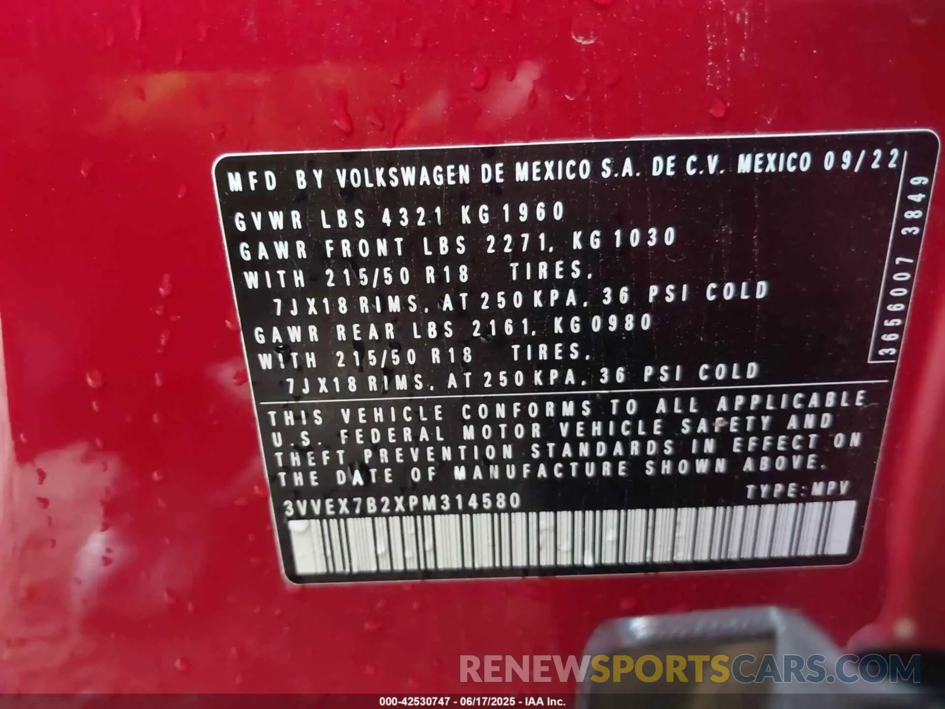 9 Фотография поврежденного автомобиля 3VVEX7B2XPM314580 VOLKSWAGEN TAOS 2023