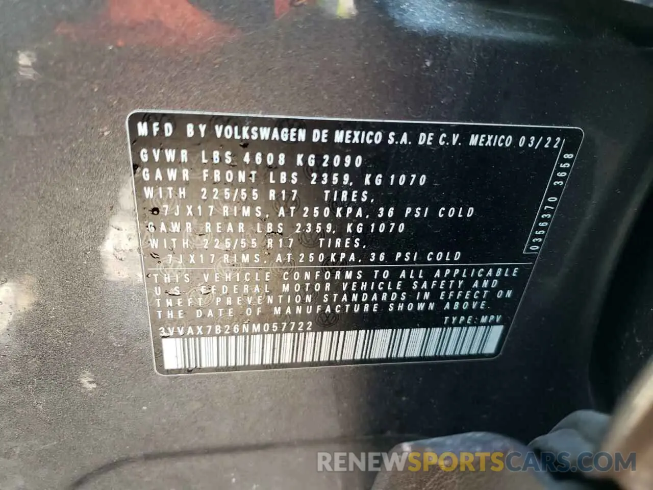 14 Фотография поврежденного автомобиля 3VVAX7B26NM057722 VOLKSWAGEN TAOS S 2022