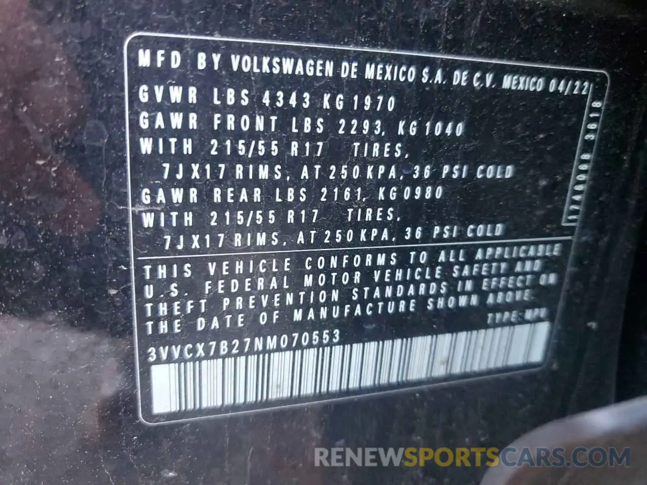 15 Photograph of a damaged car 3VVCX7B27NM070553 VOLKSWAGEN TAOS S 2022