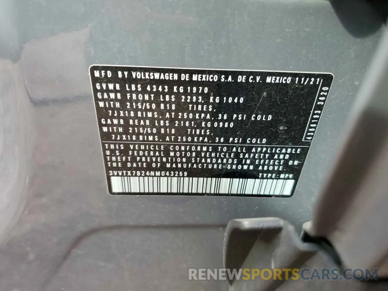 13 Photograph of a damaged car 3VVTX7B24NM043259 VOLKSWAGEN TAOS SE 2022