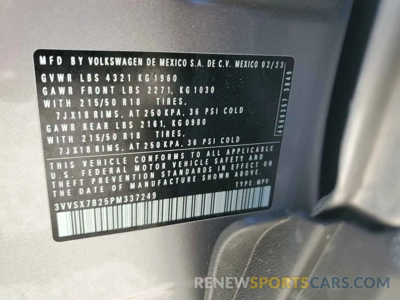 13 Фотография поврежденного автомобиля 3VVSX7B25PM337249 VOLKSWAGEN TAOS SE 2023