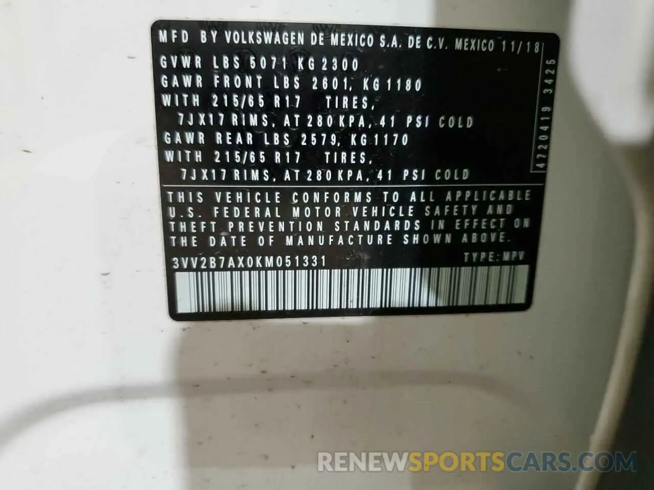 14 Фотография поврежденного автомобиля 3VV2B7AX0KM051331 VOLKSWAGEN TIGUAN 2019