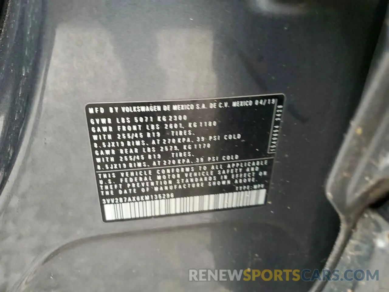 13 Photograph of a damaged car 3VV2B7AX6KM135296 VOLKSWAGEN TIGUAN 2019