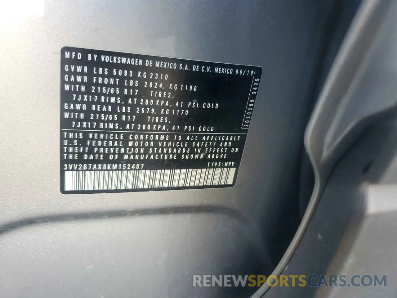 15 Фотография поврежденного автомобиля 3VV2B7AX8KM152407 VOLKSWAGEN TIGUAN 2019