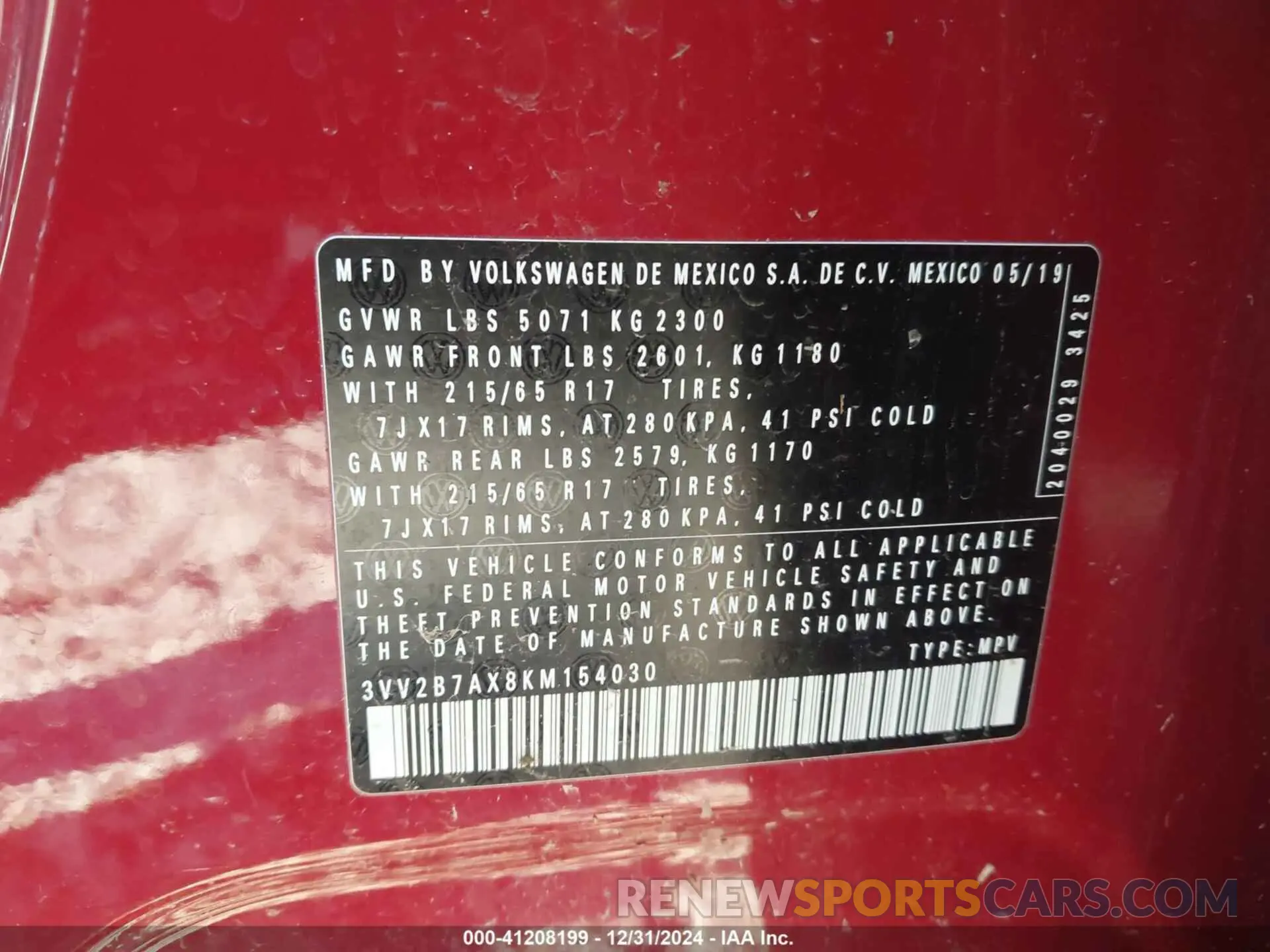 9 Photograph of a damaged car 3VV2B7AX8KM154030 VOLKSWAGEN TIGUAN 2019