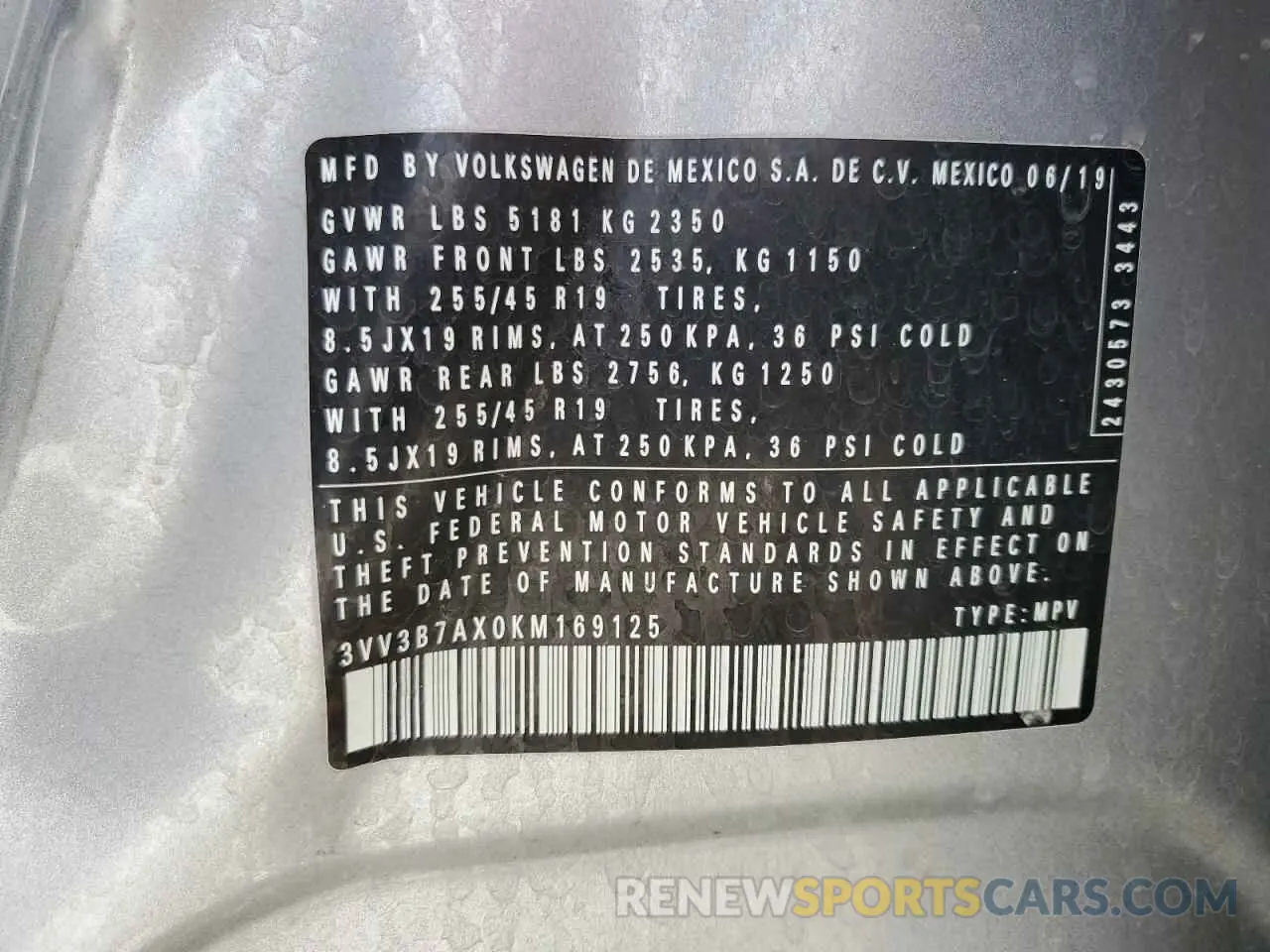 13 Photograph of a damaged car 3VV3B7AX0KM169125 VOLKSWAGEN TIGUAN 2019