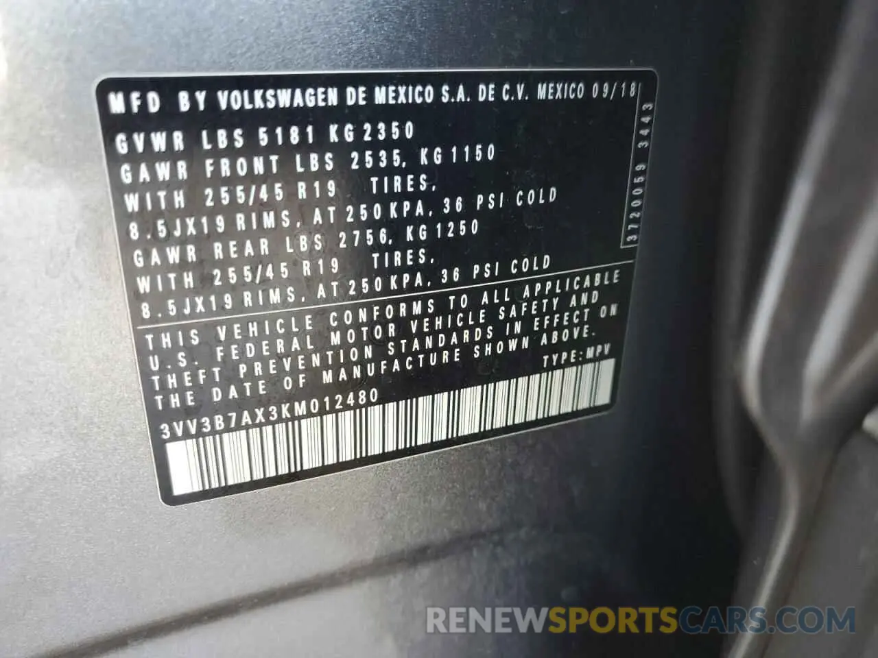 13 Photograph of a damaged car 3VV3B7AX3KM012480 VOLKSWAGEN TIGUAN 2019