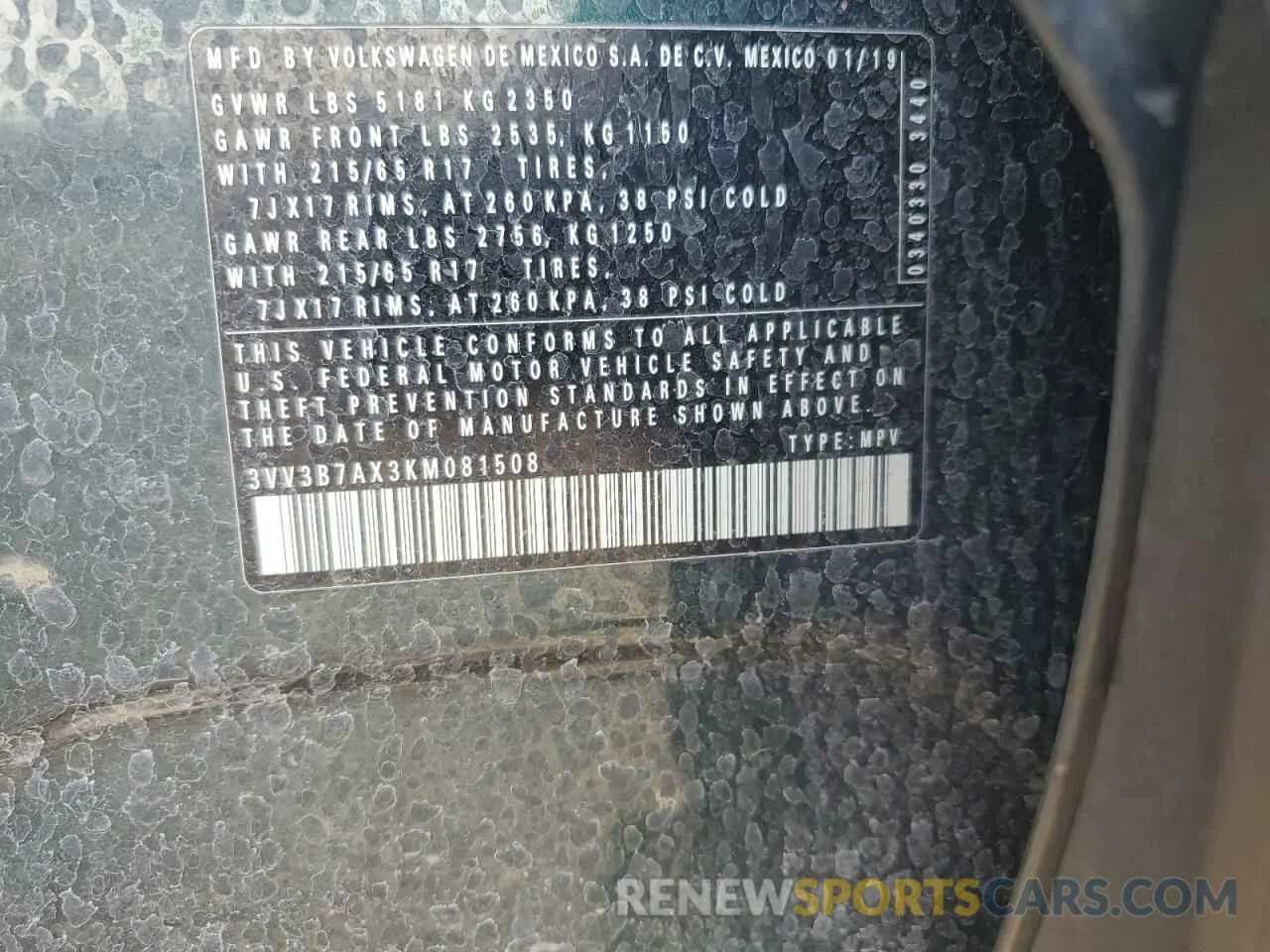 13 Фотография поврежденного автомобиля 3VV3B7AX3KM081508 VOLKSWAGEN TIGUAN 2019