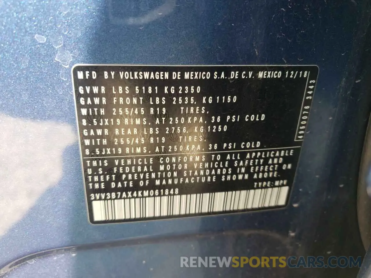 13 Photograph of a damaged car 3VV3B7AX4KM061848 VOLKSWAGEN TIGUAN 2019