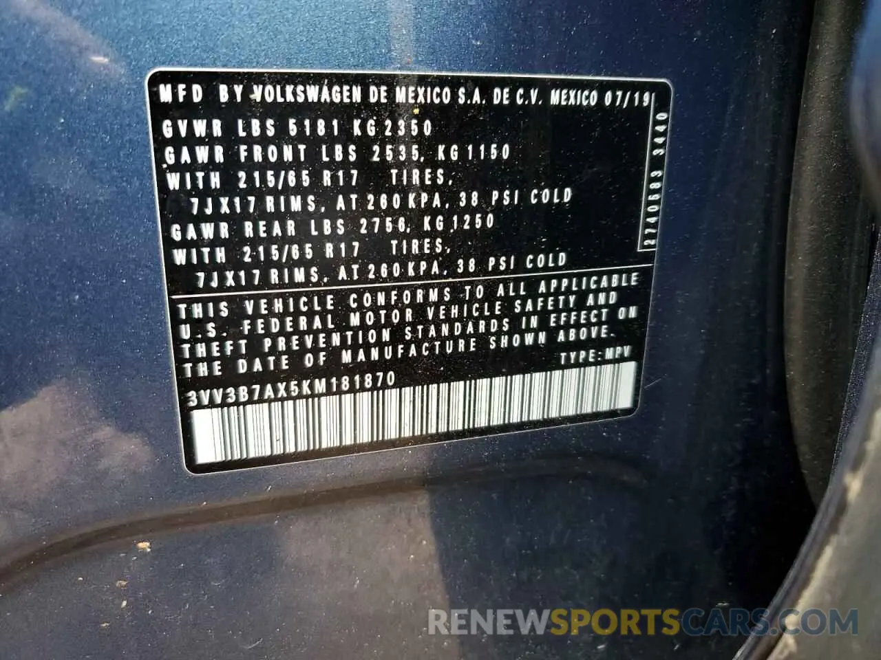 15 Photograph of a damaged car 3VV3B7AX5KM181870 VOLKSWAGEN TIGUAN 2019