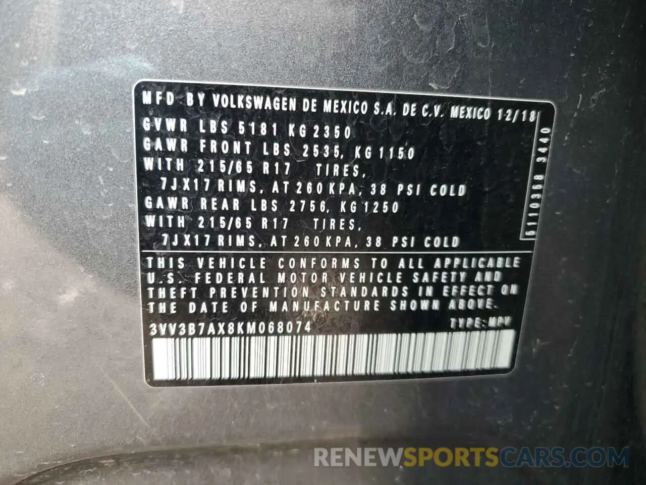16 Photograph of a damaged car 3VV3B7AX8KM068074 VOLKSWAGEN TIGUAN 2019