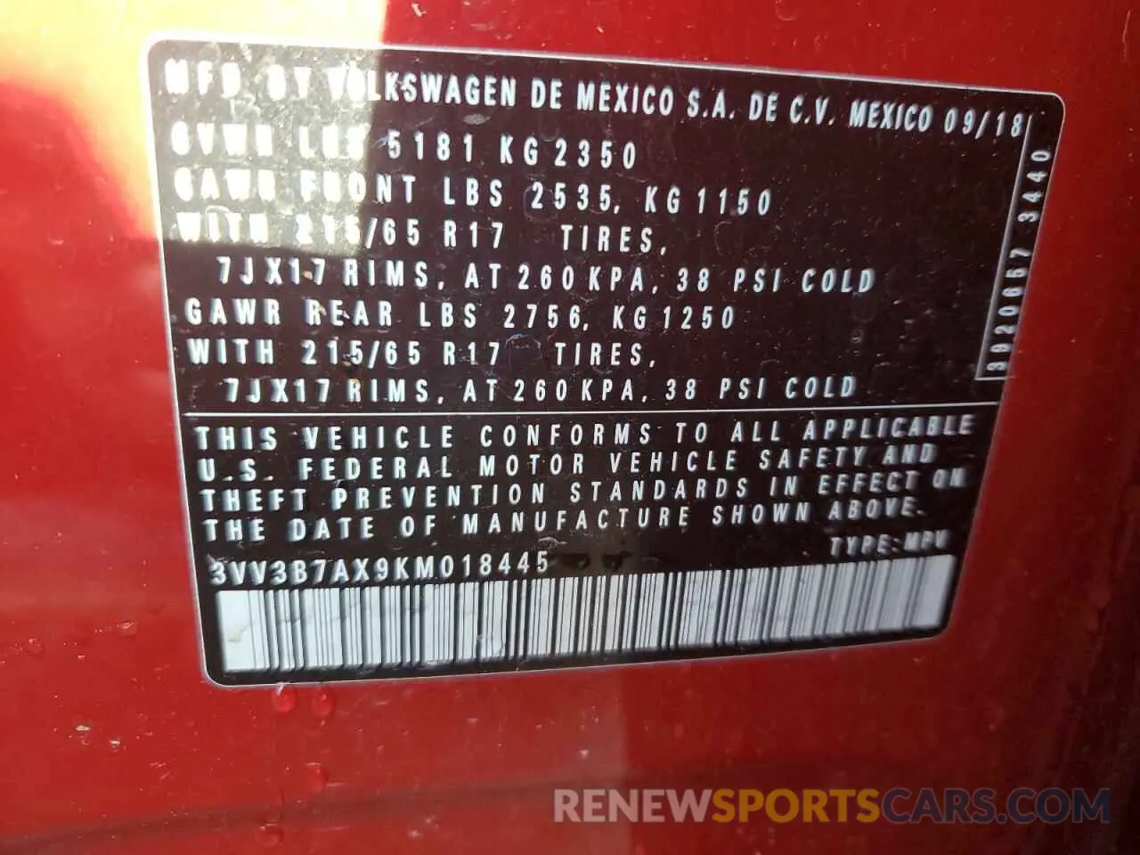 13 Photograph of a damaged car 3VV3B7AX9KM018445 VOLKSWAGEN TIGUAN 2019