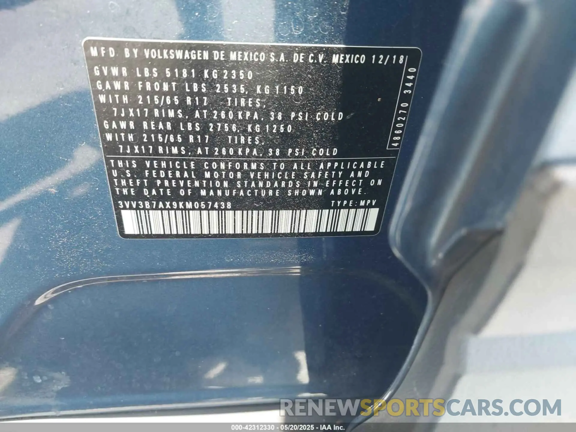9 Фотография поврежденного автомобиля 3VV3B7AX9KM057438 VOLKSWAGEN TIGUAN 2019