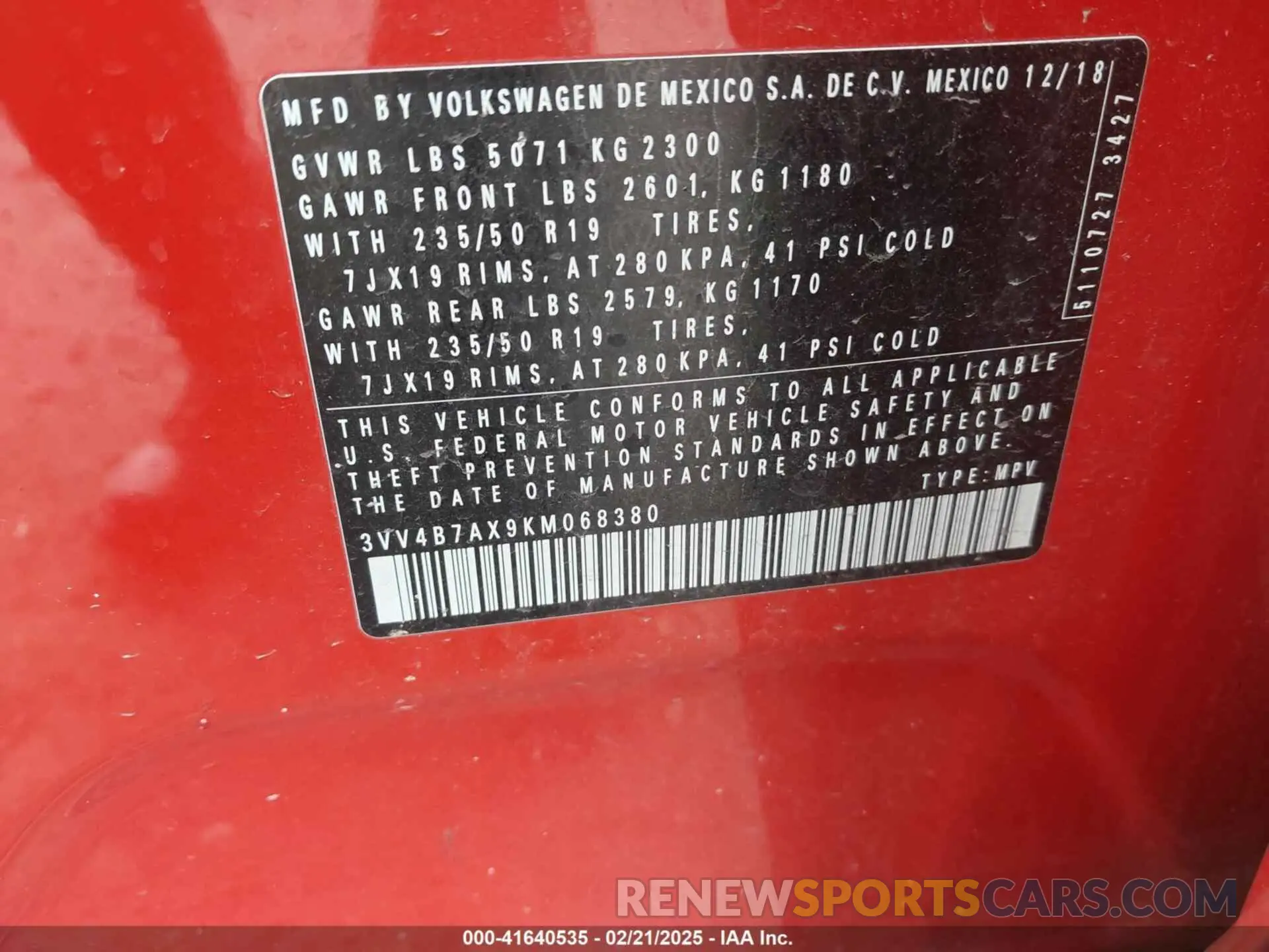 9 Фотография поврежденного автомобиля 3VV4B7AX9KM068380 VOLKSWAGEN TIGUAN 2019