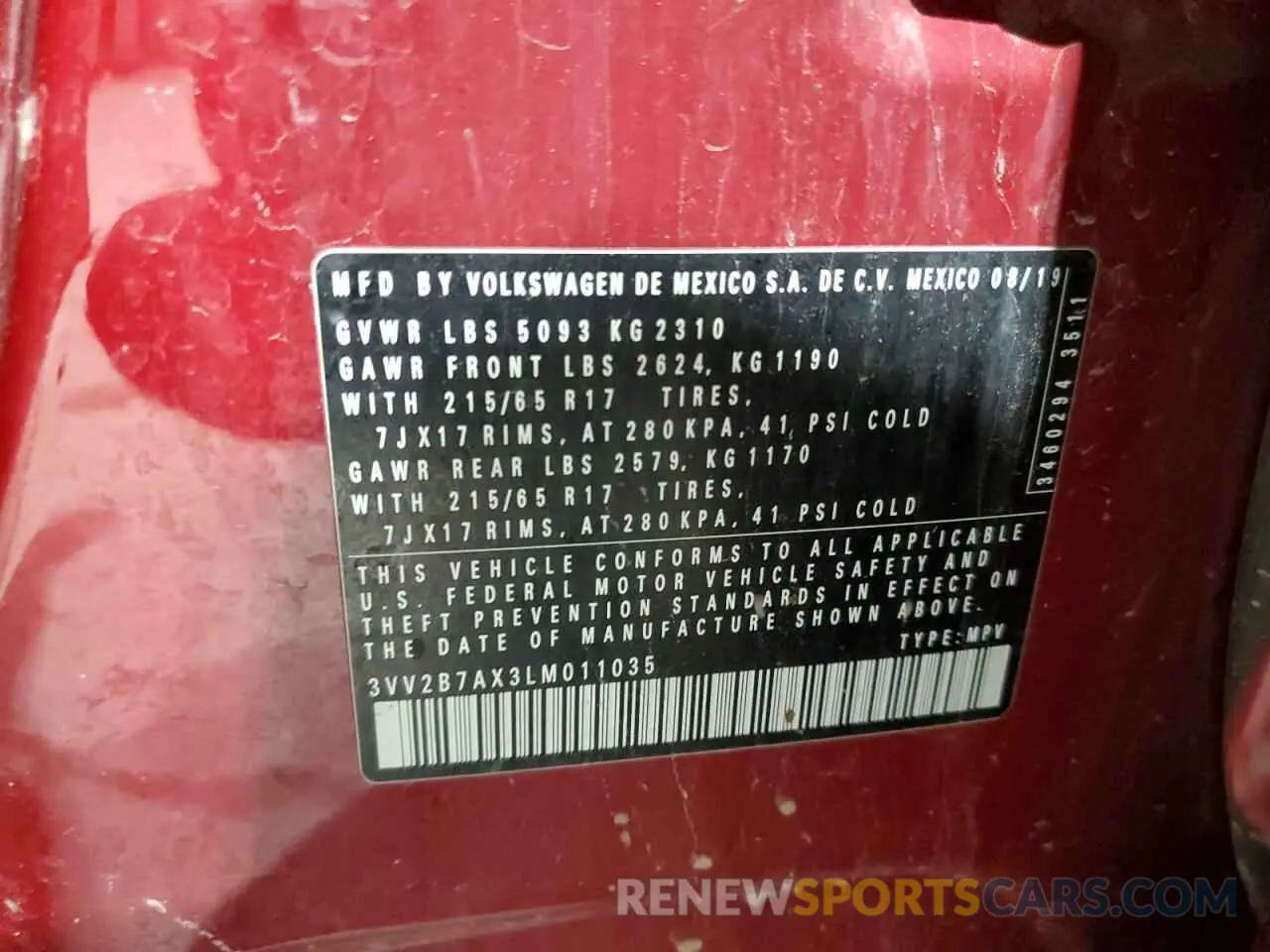 14 Photograph of a damaged car 3VV2B7AX3LM011035 VOLKSWAGEN TIGUAN 2020