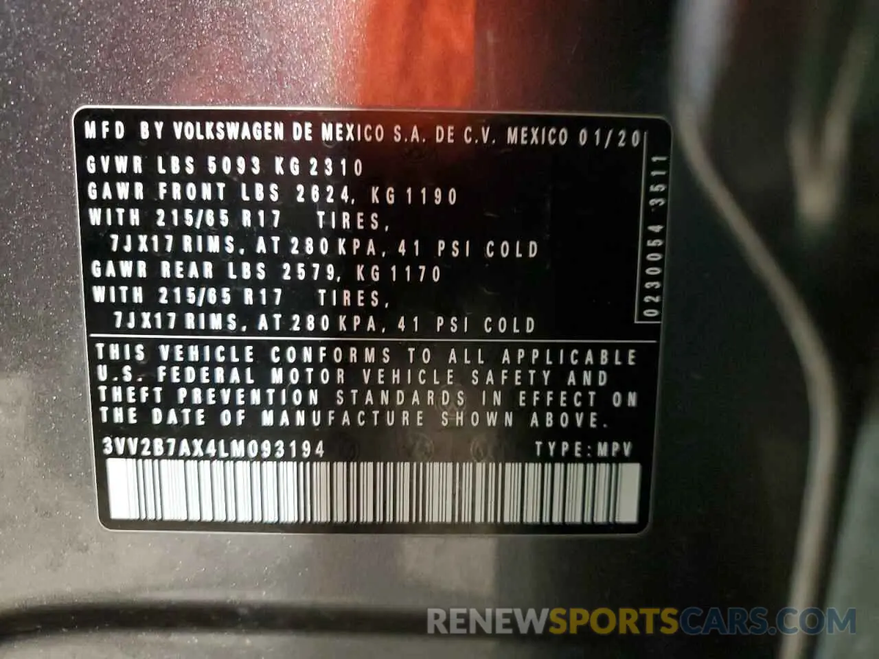13 Фотография поврежденного автомобиля 3VV2B7AX4LM093194 VOLKSWAGEN TIGUAN 2020