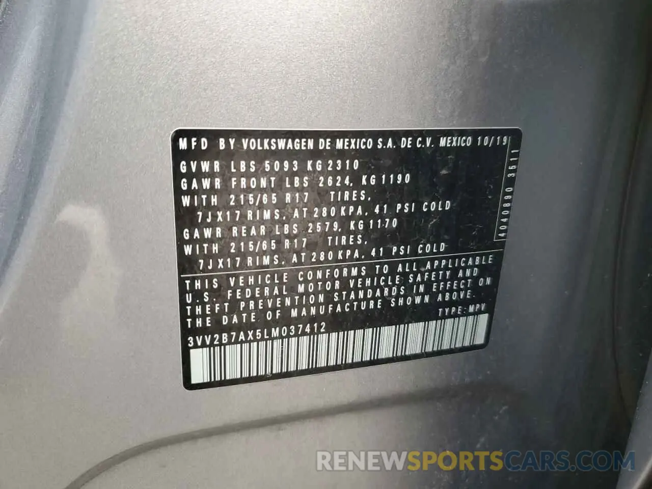 13 Photograph of a damaged car 3VV2B7AX5LM037412 VOLKSWAGEN TIGUAN 2020