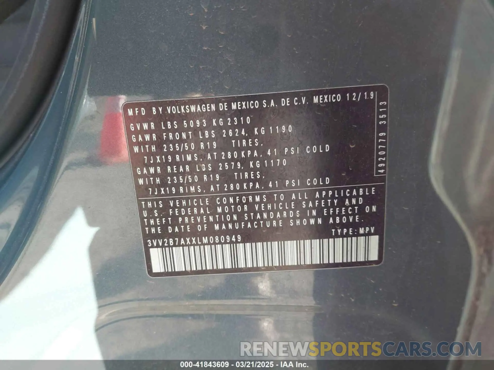 9 Фотография поврежденного автомобиля 3VV2B7AXXLM080949 VOLKSWAGEN TIGUAN 2020