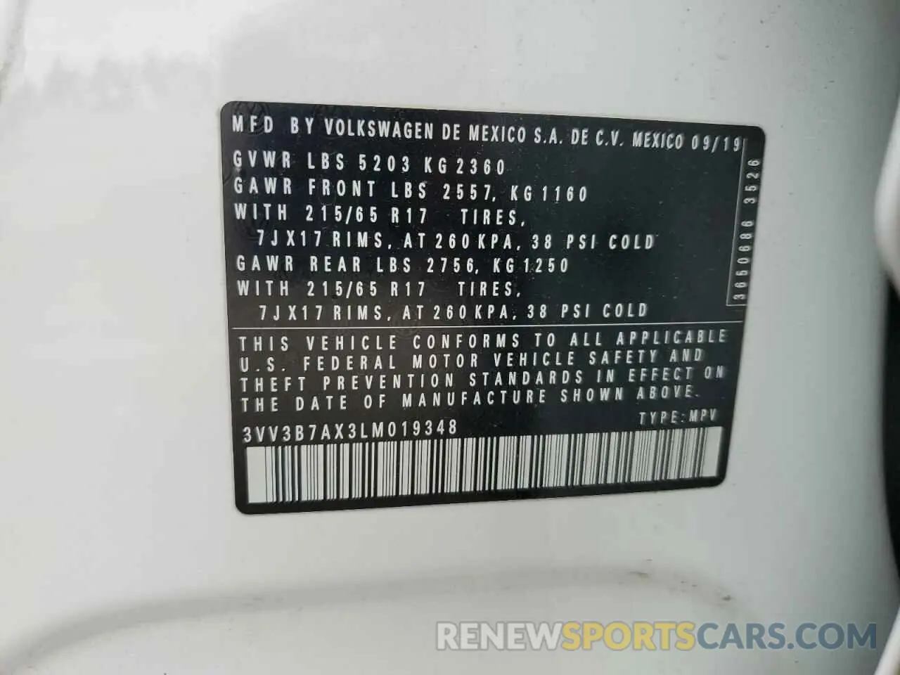 14 Photograph of a damaged car 3VV3B7AX3LM019348 VOLKSWAGEN TIGUAN 2020