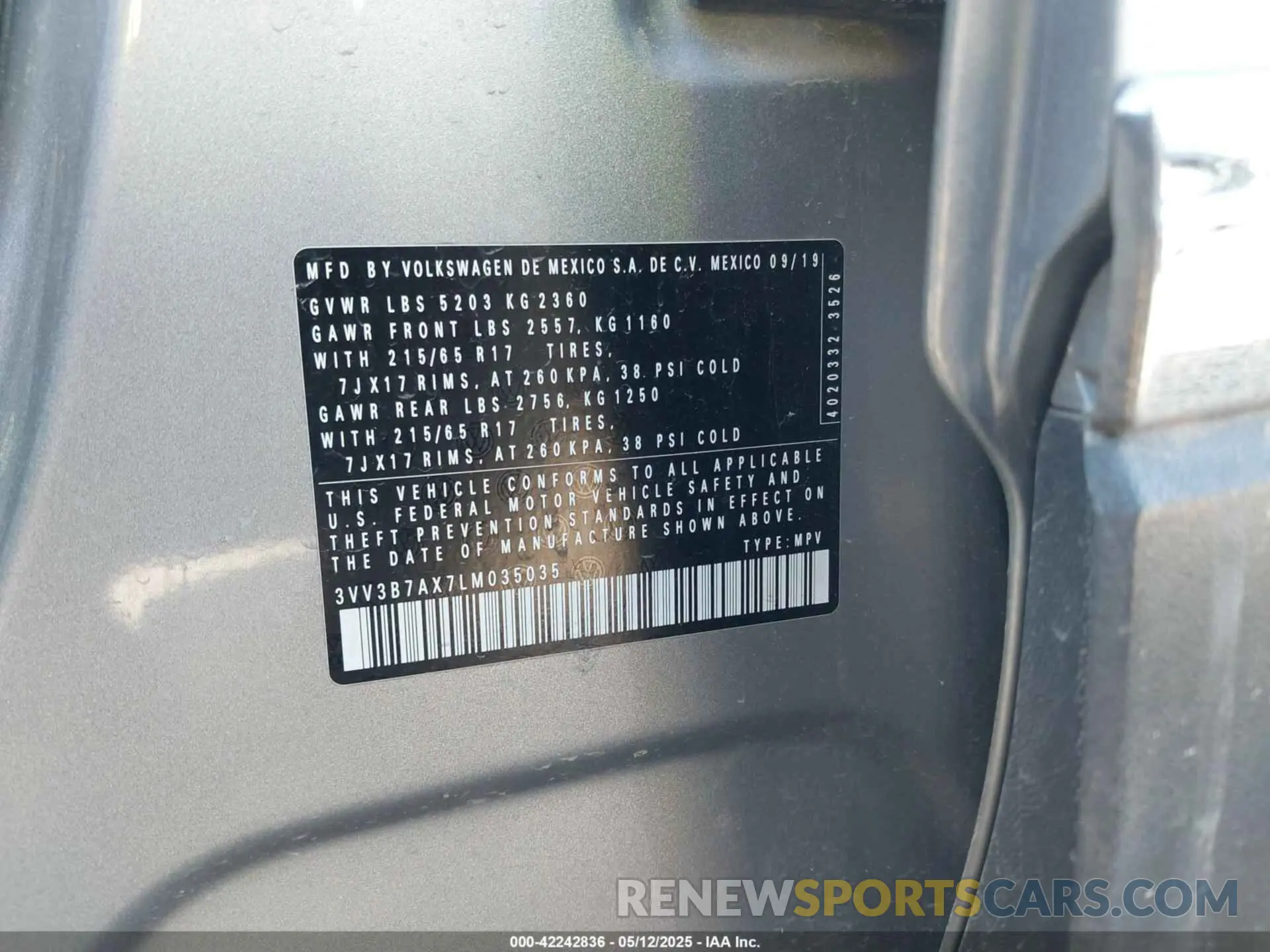 9 Фотография поврежденного автомобиля 3VV3B7AX7LM035035 VOLKSWAGEN TIGUAN 2020