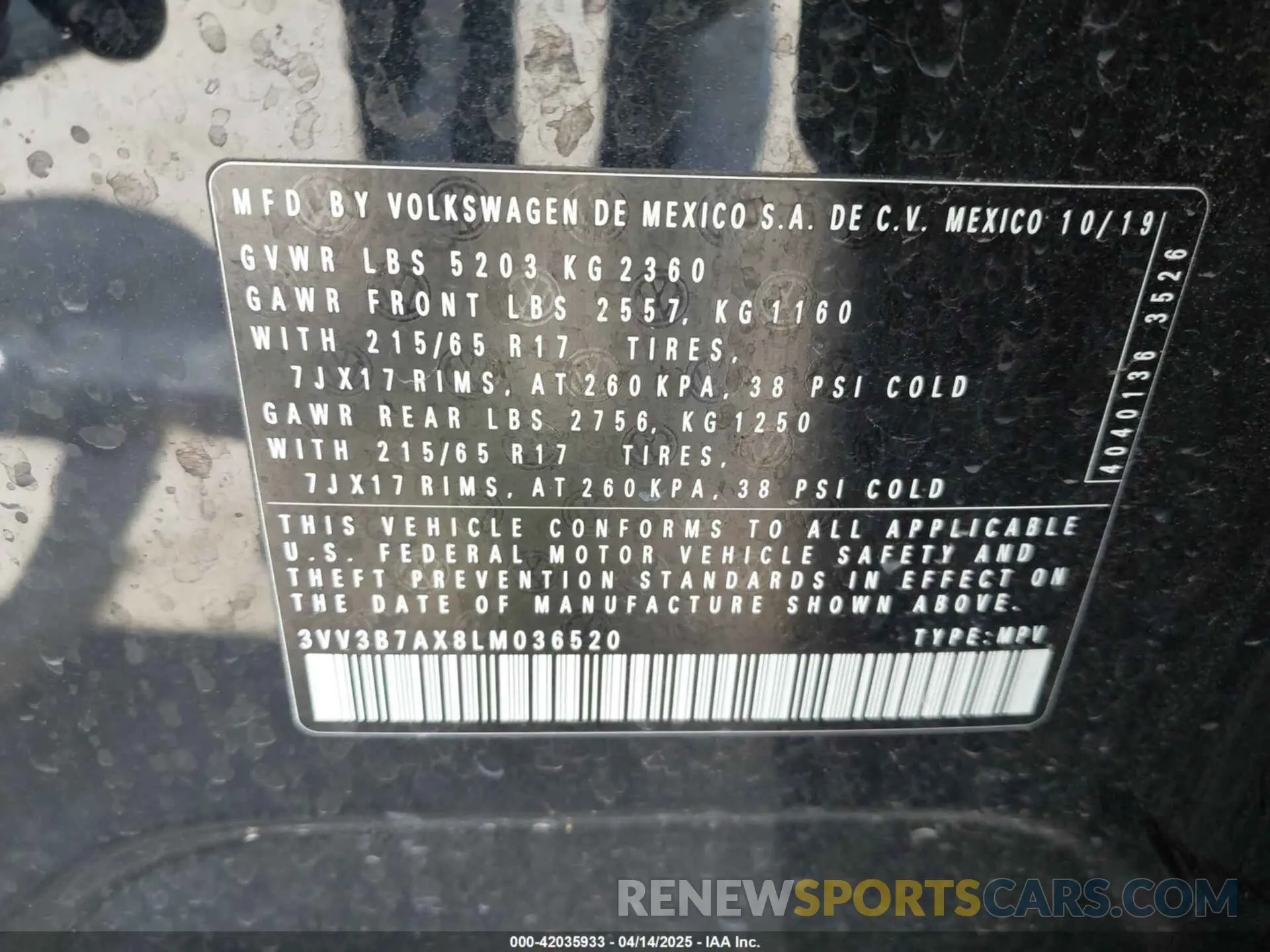 9 Photograph of a damaged car 3VV3B7AX8LM036520 VOLKSWAGEN TIGUAN 2020