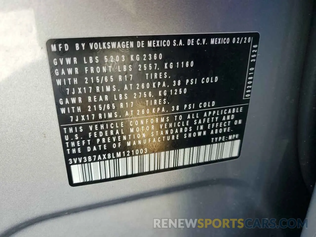 13 Photograph of a damaged car 3VV3B7AX8LM121003 VOLKSWAGEN TIGUAN 2020