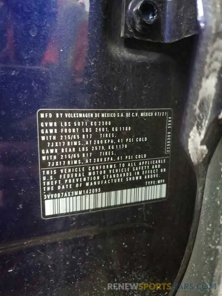 13 Фотография поврежденного автомобиля 3VV0B7AX3MM142099 VOLKSWAGEN TIGUAN 2021