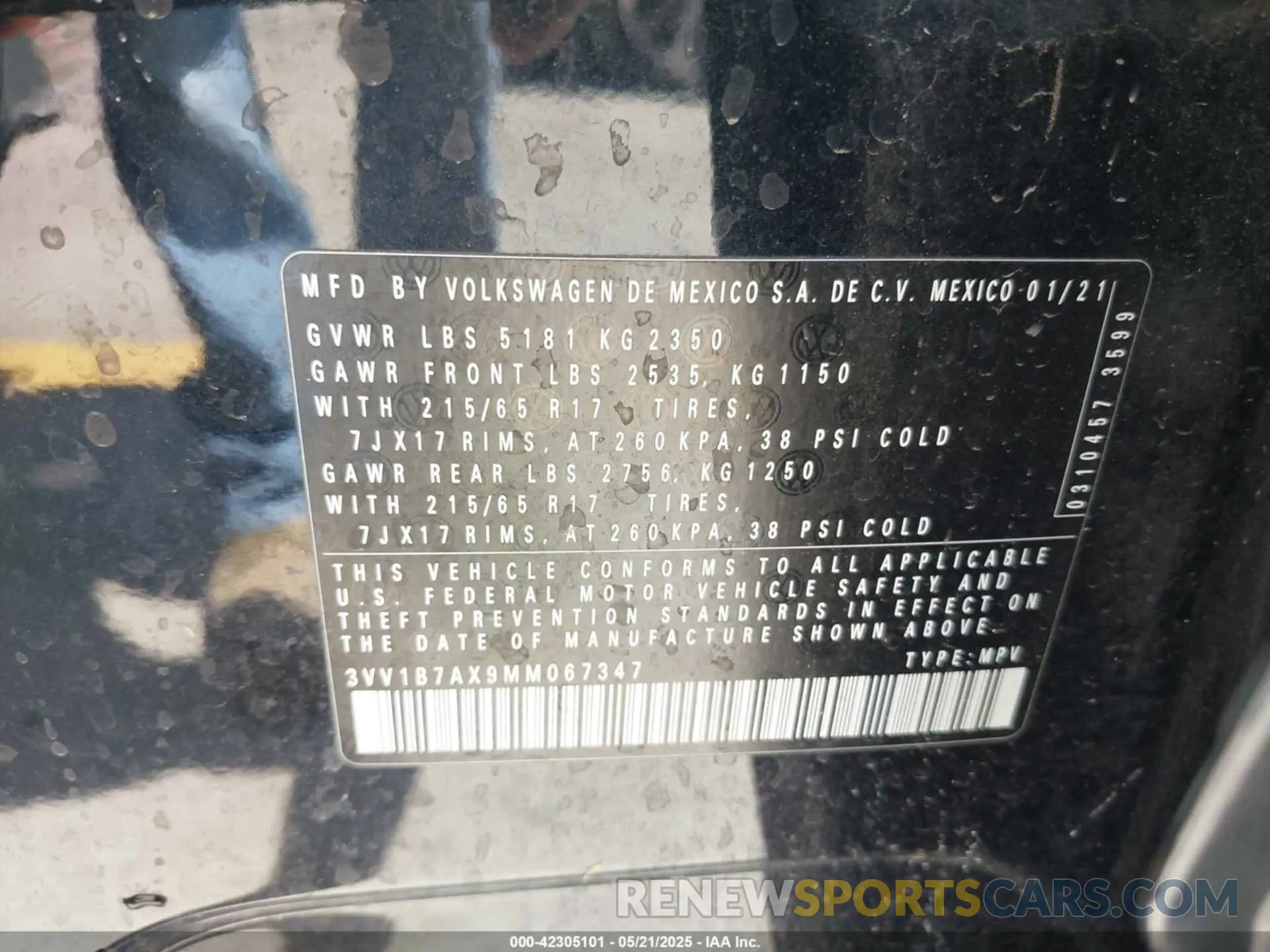 9 Фотография поврежденного автомобиля 3VV1B7AX9MM067347 VOLKSWAGEN TIGUAN 2021