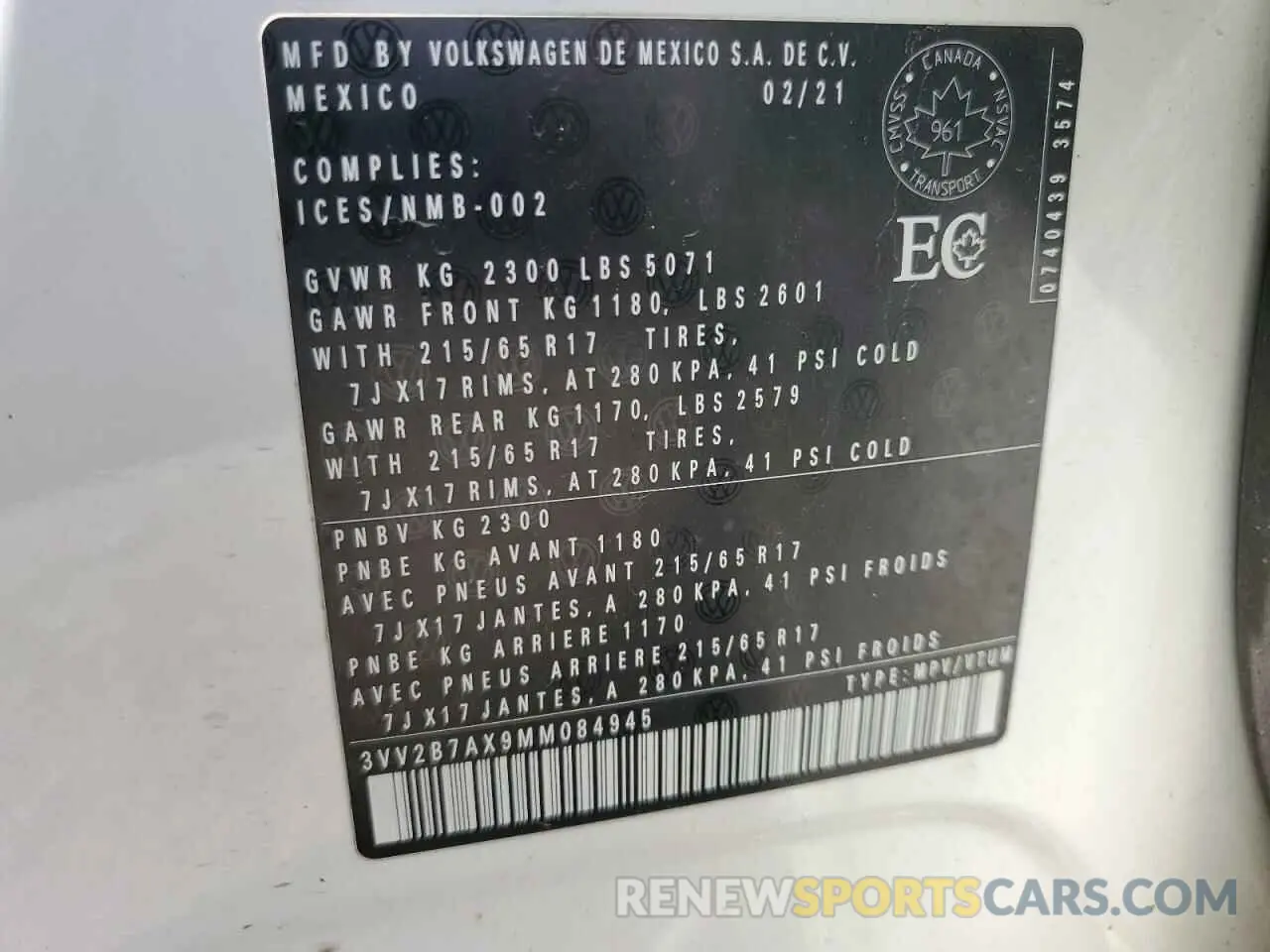 14 Photograph of a damaged car 3VV2B7AX9MM084945 VOLKSWAGEN TIGUAN 2021